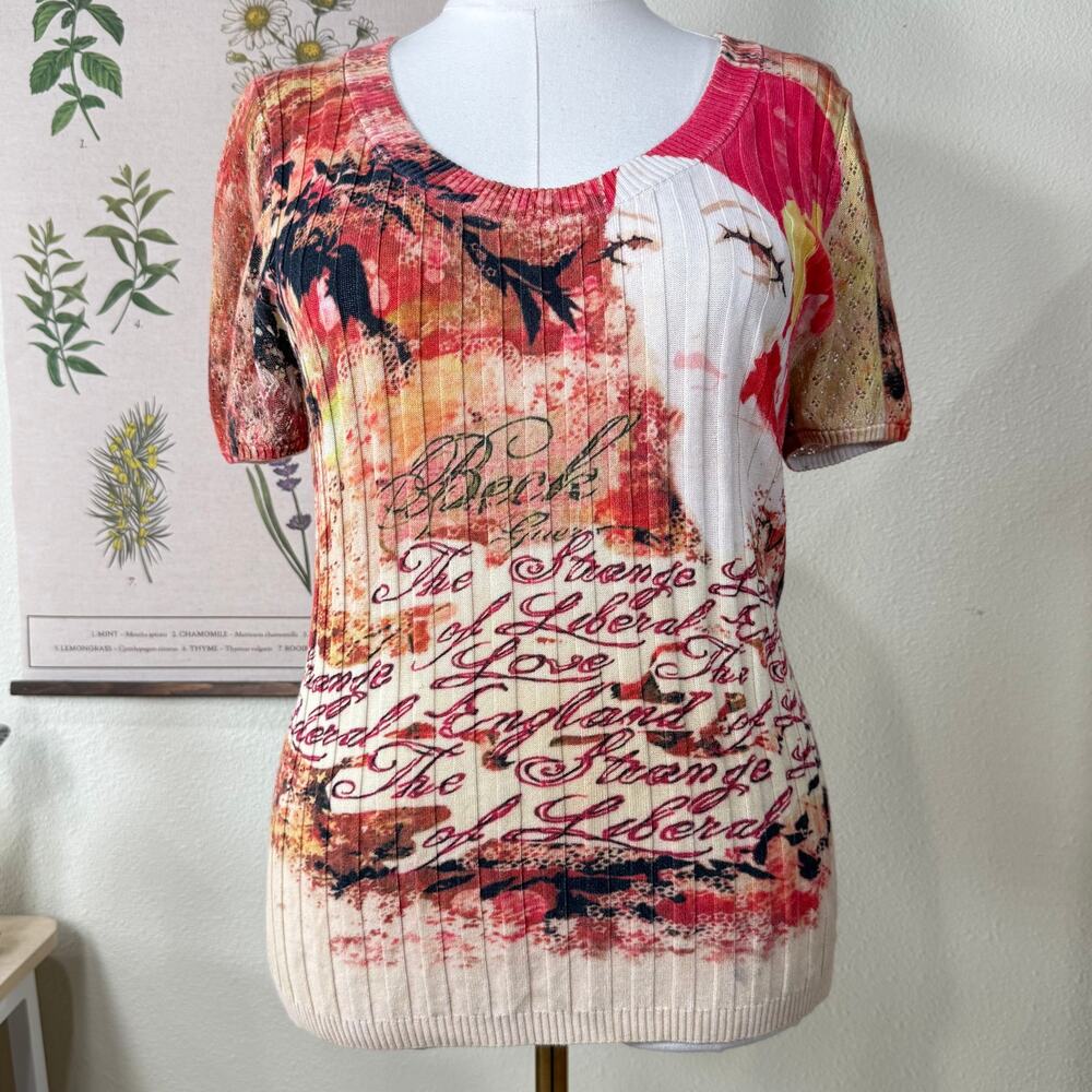 Poem Girl Woman Graphic Ribbed Knit Top Whimsy Twee Fairy Forest Artsy Boho L
